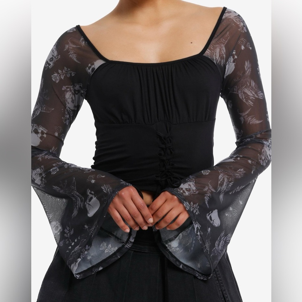 Cosmic Aura Skulls & Crows Mesh Bell Sleeve Girls Crop Top